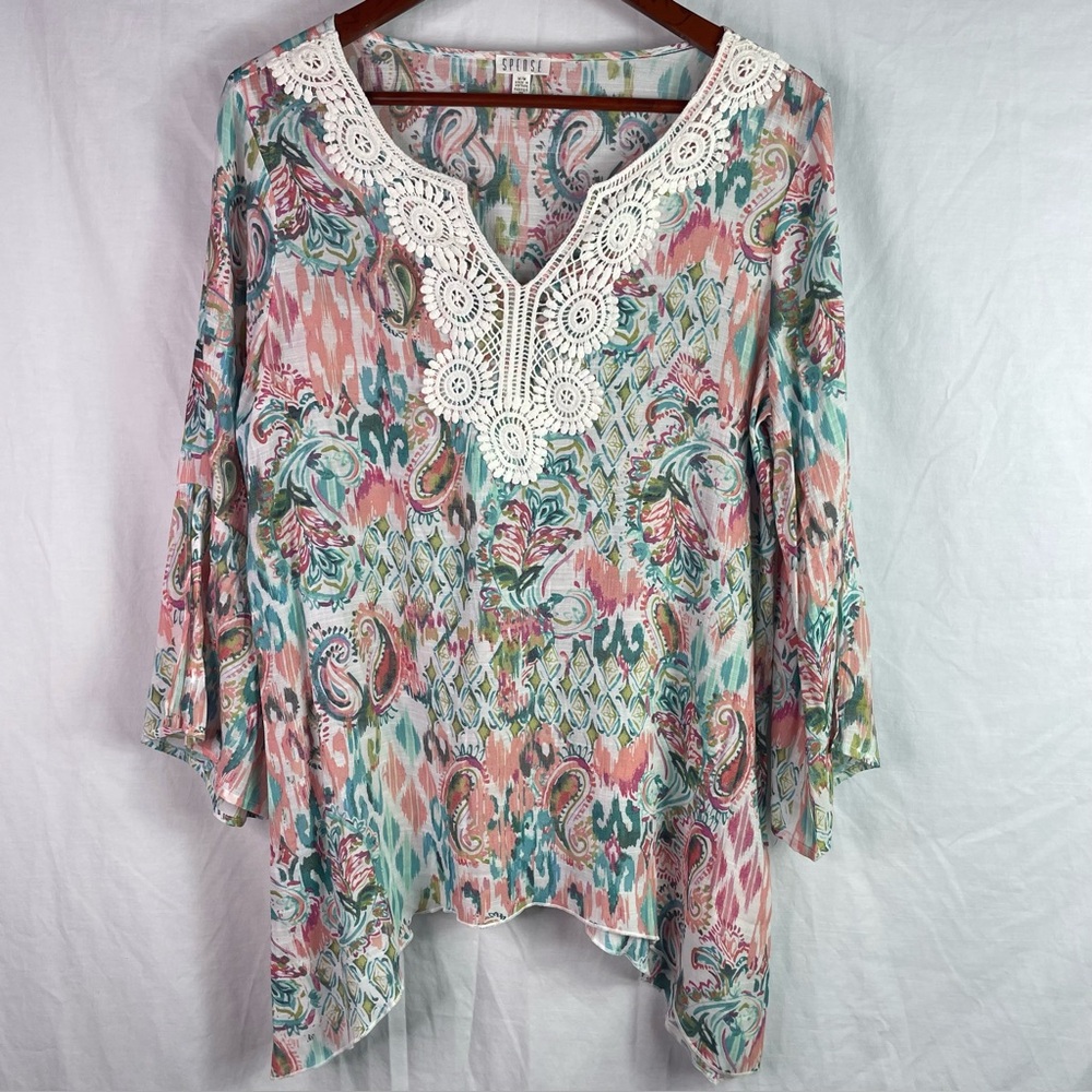 SPENSE Womens Lace Collar Paisley Boho Tunic Top Size M Slit Sleeve Bikini Cover